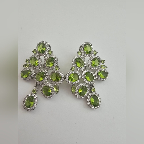 Peridot Brilliant Green Oval Gemstone 925 Silver Large Statement Earrings